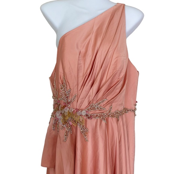 Mac Duggal Peach Pink Embellished Beaded Satin One-Shoulder Gown Prom Dress - Picture 3 of 7